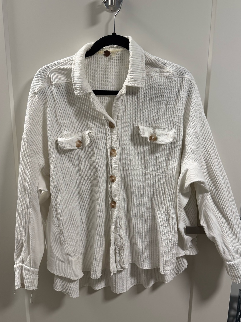 Free People Cream Waffle Knit Button-Down Shirt